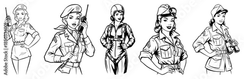 Retro Military Pin up Girls Set Vintage Army Women Characters Collection