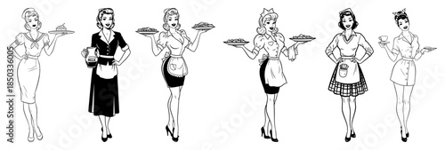 Retro Waitress Pin up Girls Set Vintage Diner Waitress Characters Collection