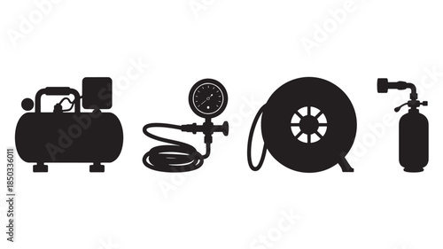 Air Compressor Tools Silhouettes in Simple Monochrome Style on White Background for Industrial Use