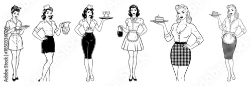 Vintage Waitress Pin up Girls Character Set Retro Diner Waitress Illustrations