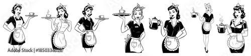 Set of retro waitress and maid characters vector illustration collection vintage 1950s style woman serving coffee