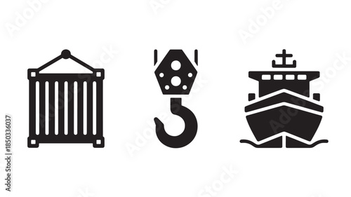 Cargo Shipping Icons in Simple Flat Design with Black Color on White Background for Logistics Illustration