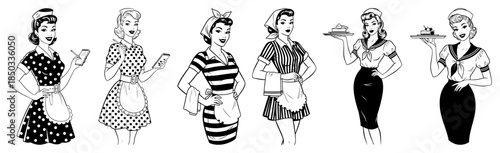 Beautiful retro women characters in 1950s fashion outfits vector set vintage housewife and pinup girl collection