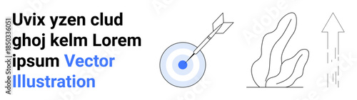Goal setting, business growth, marketing, achievement, focus, success. Circular target with an arrow, abstract line art figures. Goal setting and business growth concepts