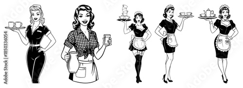 Collection of retro waitress and french maid vector characters vintage pinup woman in uniform serving drinks
