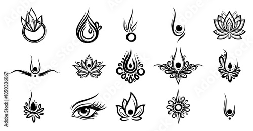 Set of spiritual Indian symbols Abstract henna and tilak style ornaments with lotus flower and eye icons Vector collection
