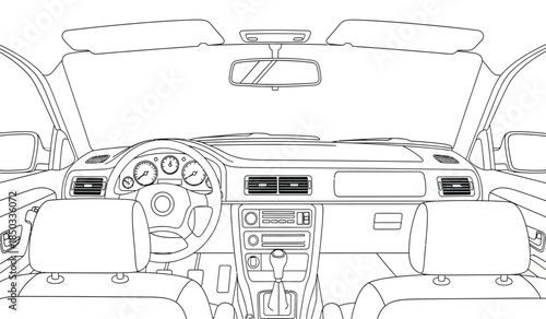 a detailed line drawing showcases the interior view from the driver s seat of a classic convertible vehicle highlighting the dashboard and seating