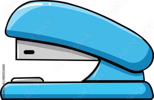 A playful cartoon style side view of a glossy blue stapler illustration.