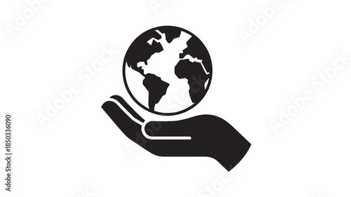 Hand holding Earth in black silhouette style with simple flat design for environmental awareness