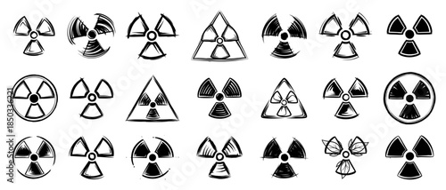 Radioactive symbol sketch icon set Grunge nuclear hazard signs