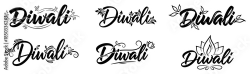 Set of decorative Diwali calligraphy vector lettering designs for indian festival of lights celebration