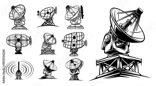 Set of satellite dish and radar antenna vector illustrations collection of telecommunication technology icons