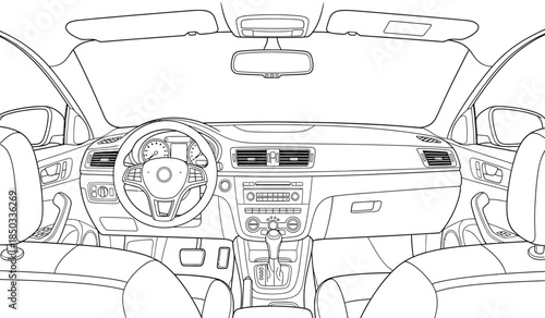 a detailed line drawing showcases the interior view of a vehicle s dashboard and front seating area devoid of color high quality professional
