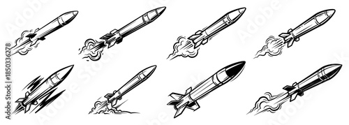 Collection of flying military missiles Vintage vector set of rocket and tactical weapon icons Hand-drawn illustration of army ammunition