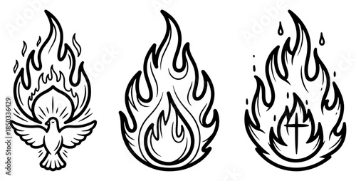 Set of christian religious symbols with holy spirit fire dove and cross vector icons collection