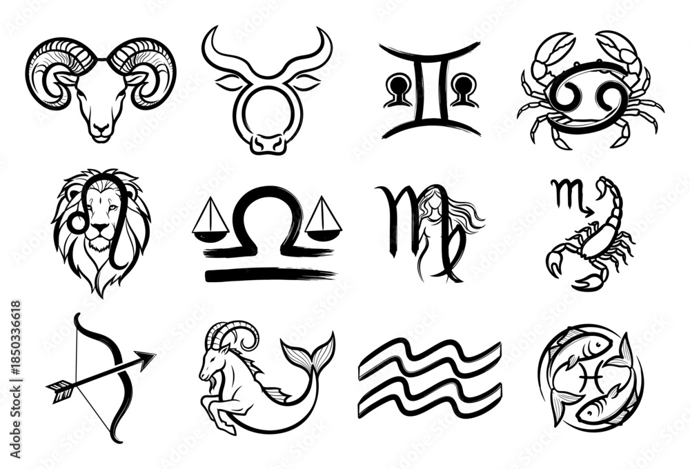Fototapeta premium Zodiac signs sketch icon set Astrology and horoscope symbols collection