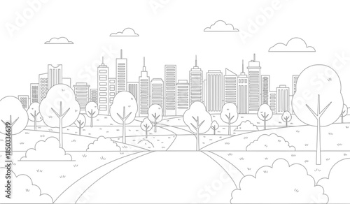 a detailed line drawing showcases a sprawling cityscape with numerous skyscrapers trees in the foreground and a winding pathway leading towards the urban center