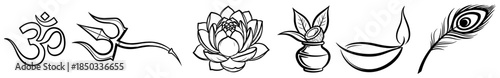 Collection of Hindu spiritual icons Set of sacred symbols for Puja and religious festivals in India Vector illustration