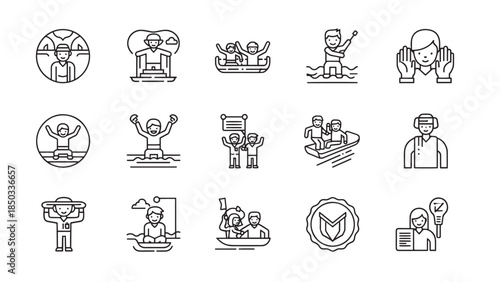 Black-outlined icons of people in varied settings, like boats, water, and globe, expressing different scenarios