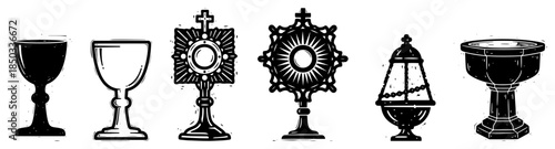 Set of Christian liturgical objects vector icons silhouette collection of church items
