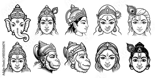 Set of Hindu Gods and Goddesses vector portraits line art illustration collection