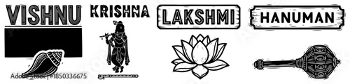 Set of Hindu Gods and symbols vector stamps collection with Vishnu Krishna Lakshmi and Hanuman