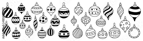 Set of hand-drawn Christmas baubles Doodle collection of festive holiday ornaments for tree decoration Vector illustration