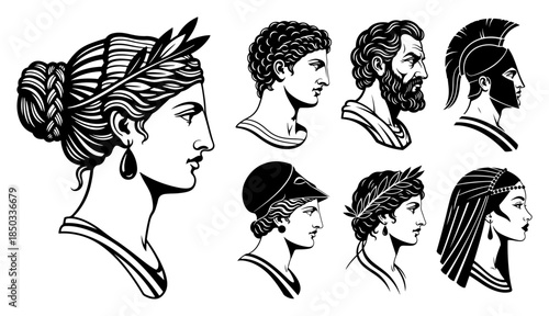Set of ancient Greek Roman and Egyptian portraits Collection of antique heads of gods warriors and rulers Vector illustration