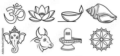 Hinduism Puja and Gods Line Art Icon Set Hindu Religious Symbols Collection