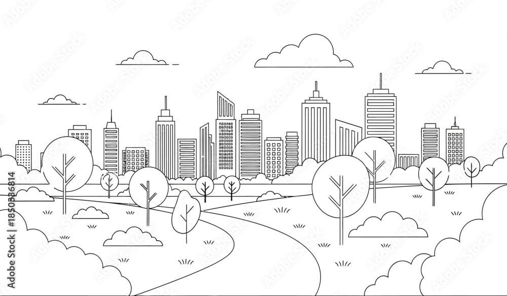 Fototapeta premium an illustrative skyline depicts a modern city with tall buildings a winding path trees and fluffy clouds above presented in a simple black and white