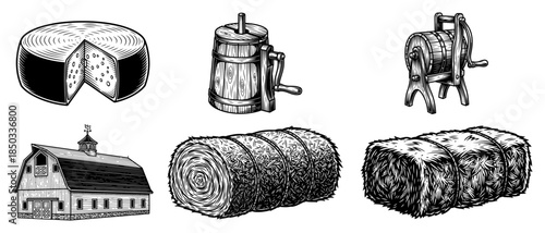 Set of vintage farm and dairy icons Engraved illustration of cheese hay bale barn and butter churn