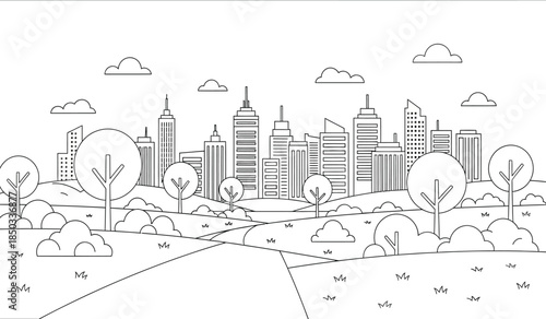 a detailed line art illustration depicts a sprawling cityscape with various buildings trees and a winding road in the foreground high quality professional