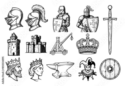 Medieval icons vector set with knight castle king queen and sword vintage fantasy illustration