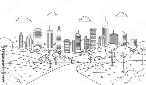 a detailed black and white illustration depicts a sprawling cityscape with numerous skyscrapers and buildings framed by trees and a winding pathway in a park