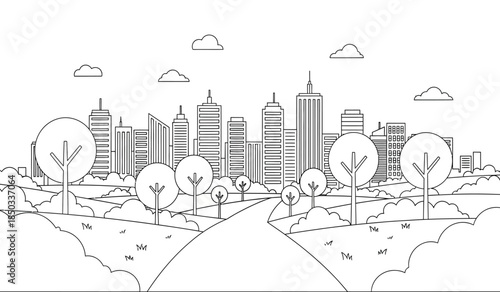 a detailed black and white line drawing depicts a sprawling cityscape with tall buildings and trees alongside a winding path high quality professional