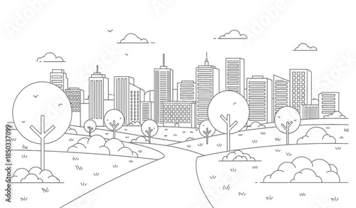 a detailed line drawing depicts a sprawling city skyline with prominent skyscrapers and lush green trees in the foreground creating a peaceful urban landscape