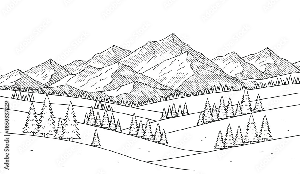 Fototapeta premium a detailed black and white sketch showcases a picturesque mountain range with snow covered peaks and lush evergreen trees in a valley landscape