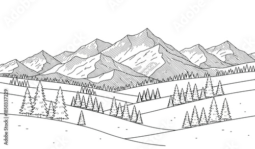 a detailed black and white sketch showcases a picturesque mountain range with snow covered peaks and lush evergreen trees in a valley landscape