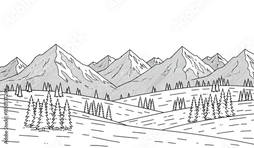 a detailed black and white sketch depicts a majestic mountain range with snow capped peaks and a forested landscape below creating a serene scene