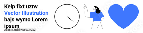 Time management, teamwork, communication, organization, relationships, scheduling. A clock, person pointing and a heart. Time management and teamwork concepts demonstrated