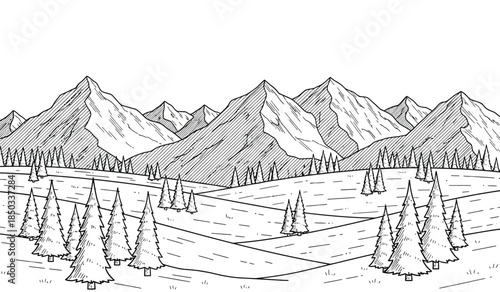 a detailed black and white sketch depicts a serene mountain landscape with coniferous trees rolling hills and sharply defined peaks reflecting nature s beauty