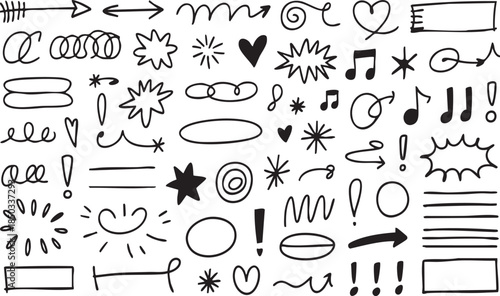 Hand drawn doodle elements including arrow, heart, star, swirl, highlight, and sketch underline. decorative design set for infographics, social media, note taking, and creative projects