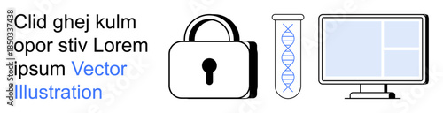 Cybersecurity, data protection, biotechnology, DNA analysis, digital privacy, information technology. A lock, DNA strand and computer. Cybersecurity and data protection
