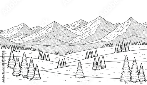 a detailed black and white sketch showcases a majestic mountain range with snow covered peaks and evergreen trees in a serene landscape