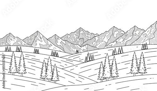 a detailed black and white sketch depicts a serene mountain landscape featuring rolling hills sparse evergreen trees and jagged peaks high quality professional