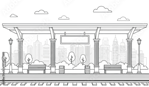 a detailed line art illustration depicts a classic train station with ornate columns a city skyline and a peaceful atmosphere high quality professional