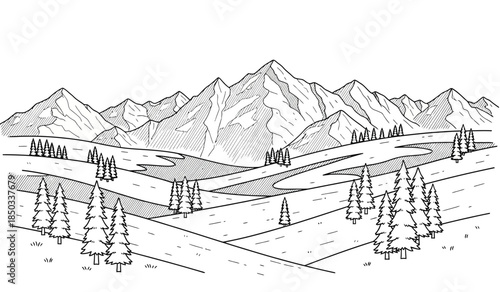 a simple grayscale illustration depicts a mountainous landscape with a winding river scattered trees and gentle rolling hills creating a calm scene
