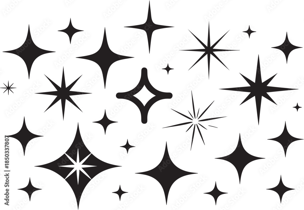 Obraz premium Star Sparkle Icons Set – Shining, Twinkle, Glow and Decorative Starburst Vector Illustration