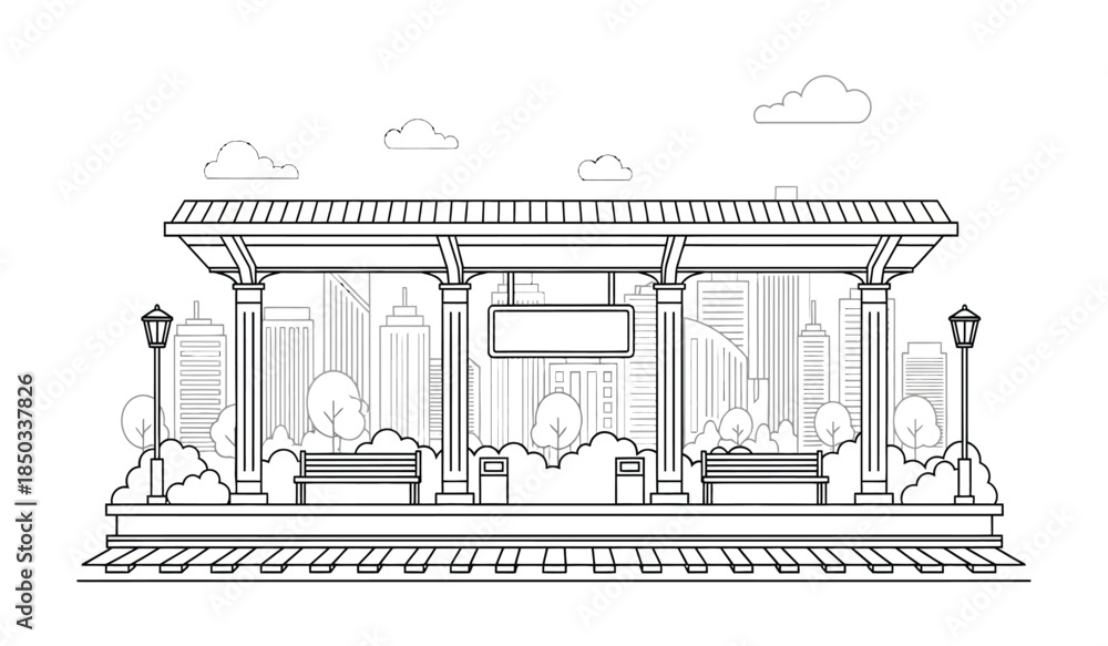 Fototapeta premium a detailed line drawing depicts a bus stop shelter with benches amidst a city skyline showcasing a simple yet elegant urban scene