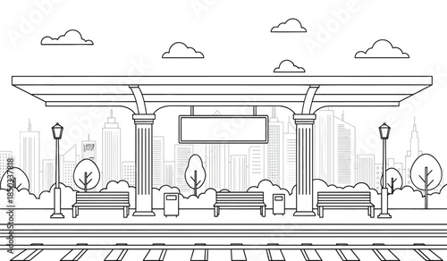an outlined illustration depicts a classical style bus stop with columns benches and a cityscape background offering a serene public transit scene